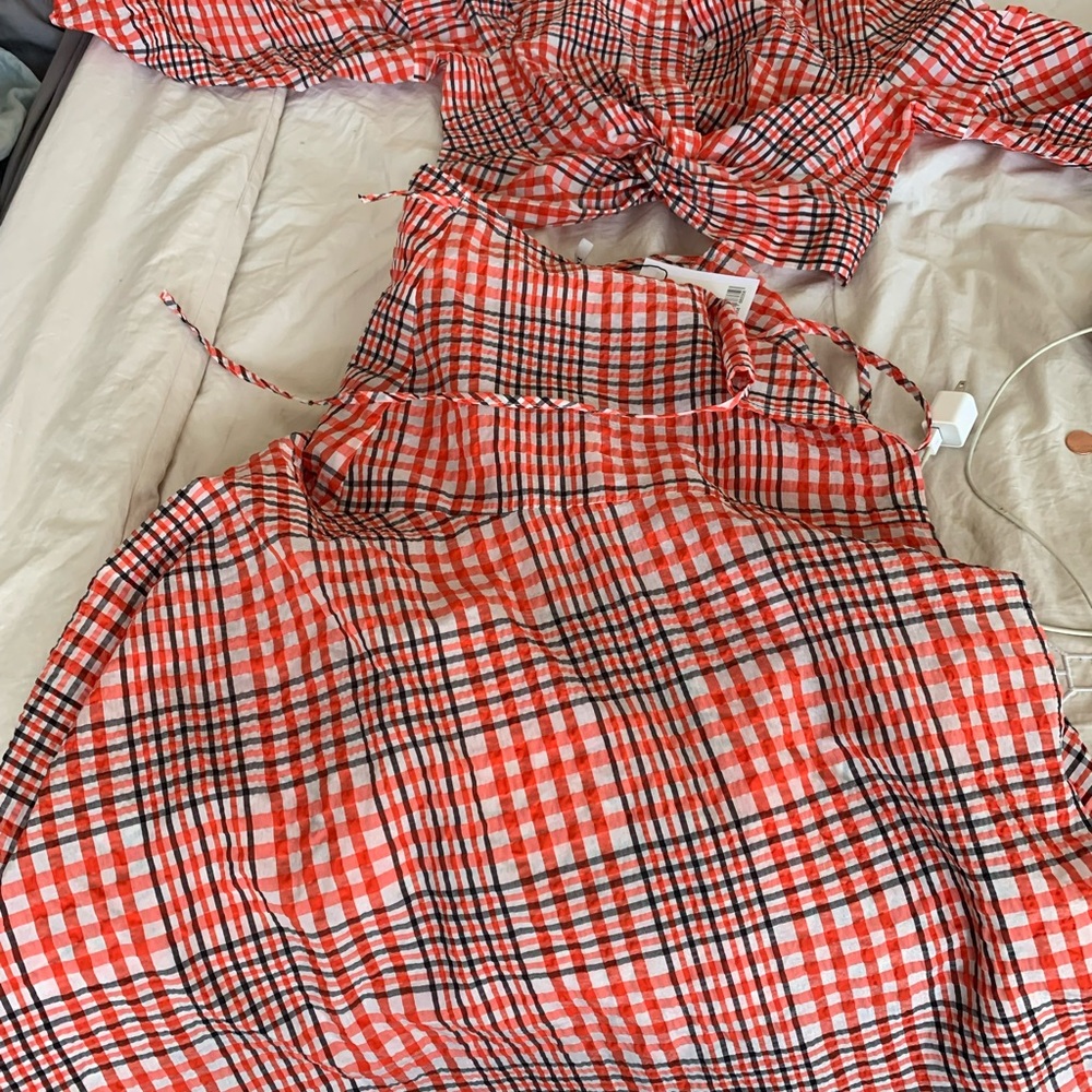 GANNI Seersucker red/black plaid Size 38 top and wrap skirt